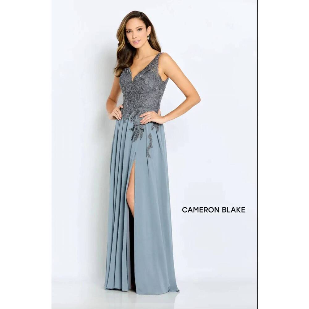 NEW MON CHERI beaded lace and chiffon gown in gray